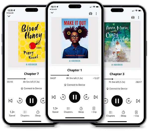 Three iPhones displaying e-books.